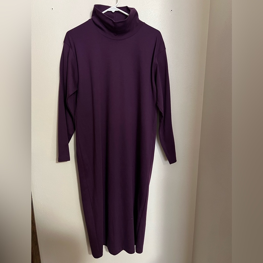 LL BEAN Classic *Vintage* Mock Neck Midi Dress Cotton Purple‎ Women's Size Large